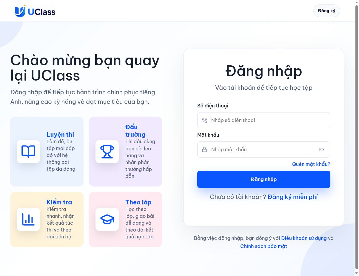Ảnh chụp màn hình trang đăng nhập UClass